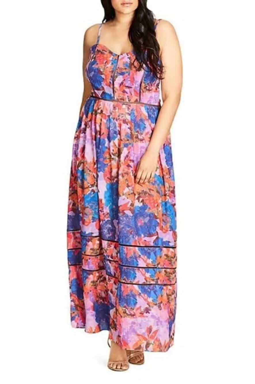 [City Chic] Blue Purple Abstract Floral Print Stained Glass Maxi Dress Sz 20 / L